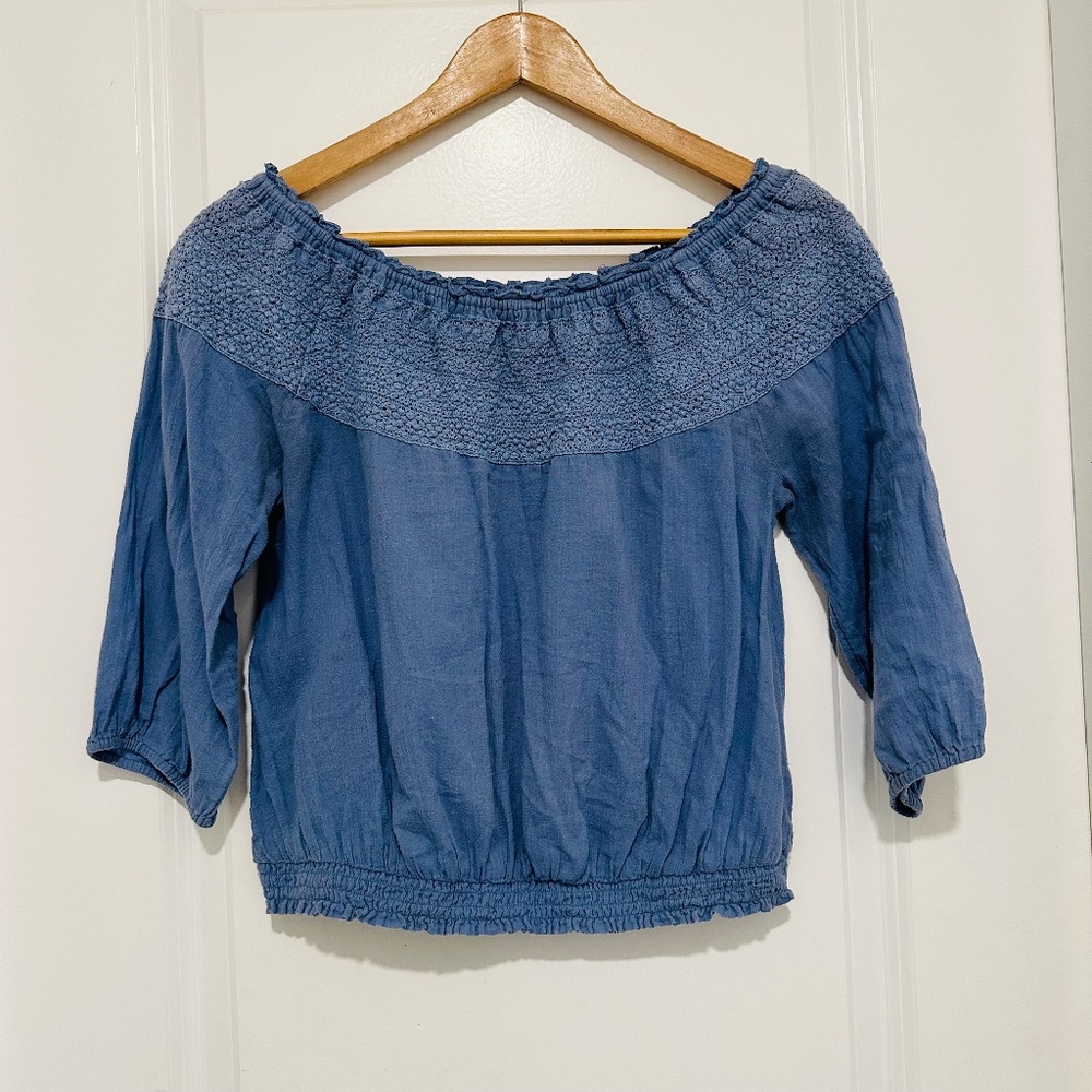 Aerie Blue Smocked 100% Cotton Off-Shoulder Blouse Women’s Small